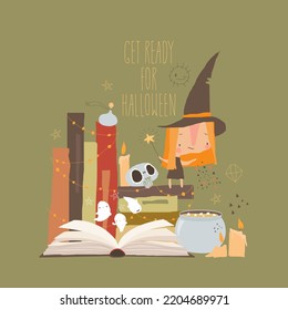 Little Witch standing and conjuring on a Stack of Books . Vector Illustration