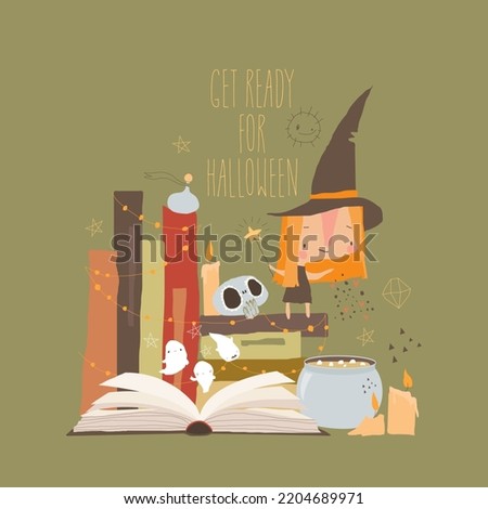 Little Witch standing and conjuring on a Stack of Books . Vector Illustration