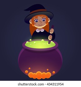 Little witch stirring potion in cauldron. Young girl in witch costume, cute cartoon Halloween illustration.