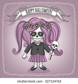Little Witch. Sugar skull girl. Template greeting card or invitation.