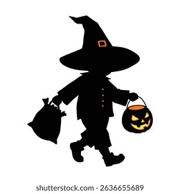 Little witch trick or treating Halloween silhouette.