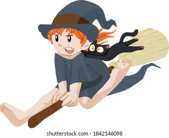 Little witch trying to fly with her broom and her cat on her soulder