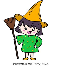 little witch vector drawing for coloring book