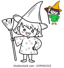 little witch vector drawing for coloring book