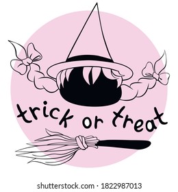 Little witch vector icon. Happy Halloween. Illustration with black silhouette, broom for party invitation, greeting card, banner, children print. Trick or treat-lettering