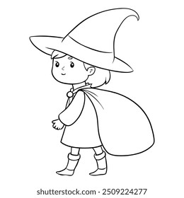 Little witch wearing a cape and hat, black and white outline, Halloween-themed designs, children's illustrations, web icons and textile patterns