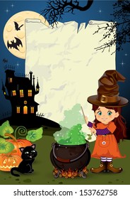 Little witch who casts a spell Background with parchment paper where you can enter text-Multiple levels-transparency blending effects and gradient mesh-EPS 10.