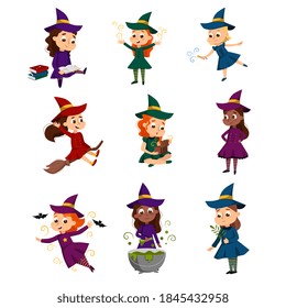 Little Witches Set, Cute Girls Wearing Dress and Hat Practicing Witchcraft, Reading Magic Book, Flying on Broom Cartoon Style Vector Illustration