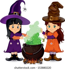 Little witches who do a spell- Background isolato-transparency blending effects and gradient mesh-EPS 10.