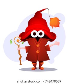 A little wizard in huge magic hat with a magician staff. Cartoon character. Vector illustration.