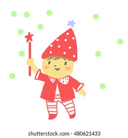Little wizard with magic wand. vector illustration.