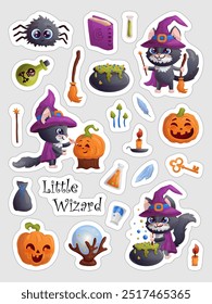 Little wizard stickers sheet with black cat in witch's hat, cauldron, pumpkins, magic ball and witchcraft images. Vector illustration set.