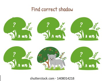Little wolf with bush, vector illustration. Find the correct shadow. Educational game for kids.