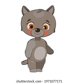Little wolf cub. Isolated object on a white background. Cheerful kind animal child. Cartoons flat style. Funny. Vector