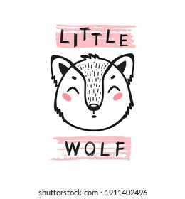 Little Wolf Face. Doodle Cute Wolf Head for Tee Print Design for Kids. Vector Cartoon Funny Baby Animal. Scandinavian Card, Print or Poster Design