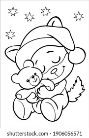 Little wolf with teddy bear. Christmas. Coloring.  Cartoon Vector Illustration.