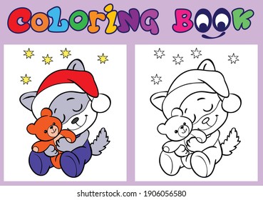 
Little wolf with teddy bear. Christmas. Coloring.  Cartoon Vector Illustration.