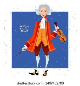 Little Wolfgang Amadeus Mozart With Violin. Famous People. Vector Illustration. 