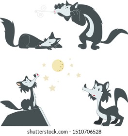 Little wolves cute .Set of isolated funny wolf in different poses in cartoon style.