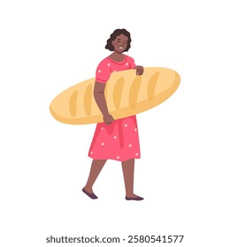 Little woman carrying pastry bread, fresh food. Female with bakery product, little girl with pastry food. Young person with bread bun, flat cartoon vector illustration