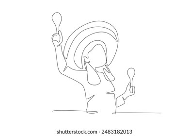 Little woman playing with maraca. Mexican culture concept one-line drawing