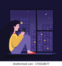 A little woman is reading a book on the window at night. A night view of the city. Flat design and vector illustration. Sad girl looking for text from her friends.