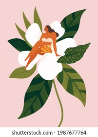 Little woman sitting on wonder the huge spring flower. Vector illustration.