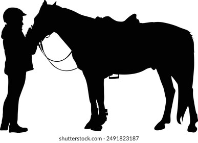 A little women grooming horse silhouette vector design. transparent background.