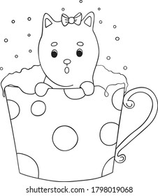 Little wonderful kitten with a bow on her head sits in a mug of coffee