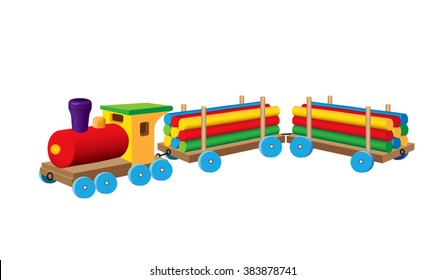 Little wooden model of vintage cargo train loaded with logs. Isolated on a white background.