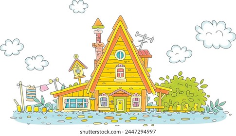 Little wooden village house half inundated with water from a river during spring flood in countryside, vector cartoon illustration on a white background