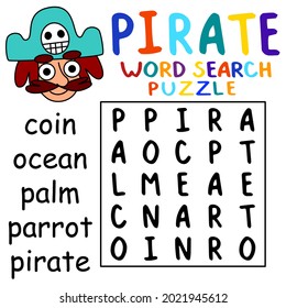 Little word search puzzle with a pirate for kids vector illustration. Help the captain to find all hidden words into the puzzle. Word search in English for children with cartoon pirate