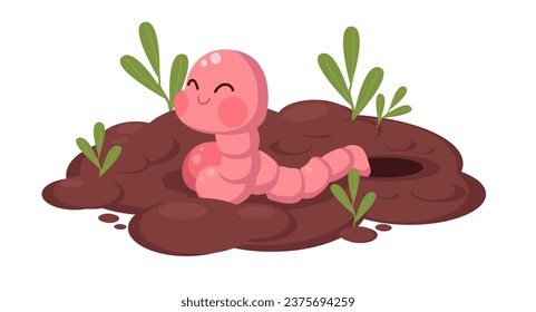 Little worm crawled out of hole in ground. Cute earthworm with growth plant, funny mascot, soil crawler. Farming and agriculture. Rainworm illustration. Cartoon flat isolated vector concept