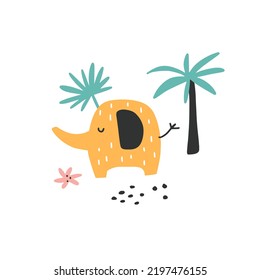 A Little yellow baby elephant with palm tree in tropical forest. Cute african animal and jungle plants. Vector graphic elements for poster, postcard, t shirt design. Childish hand drawn illustration.