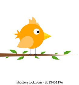 Little yellow bird on the tree branch isolated on white. Cute cartoon character. Vector illustration in flat style