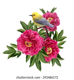 Little yellow bird sitting on a branch of red peony flowers