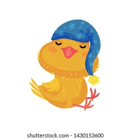 Little yellow cartoon chicken is sleeping while sitting. Vector illustration on white background.