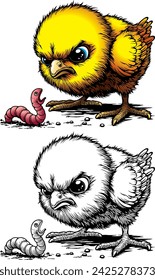 little yellow chick looking at a frightened worm