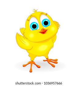 Little yellow chick on a white background. Cartoon chicken.                                                                                                                                          