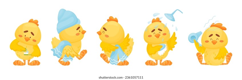 Little Yellow Chick Washing Having Spa Vector Set