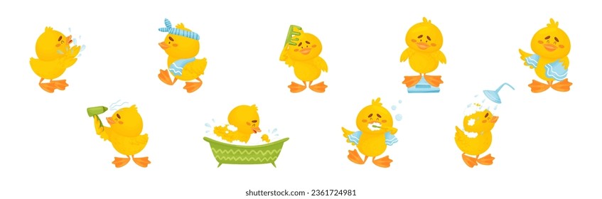 Little Yellow Chick Washing Having Spa Vector Set