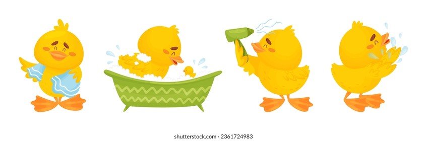 Little Yellow Chick Washing Having Spa Vector Set