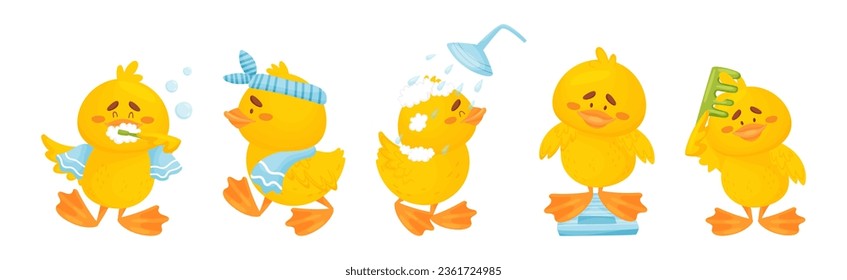 Little Yellow Chick Washing Having Spa Vector Set