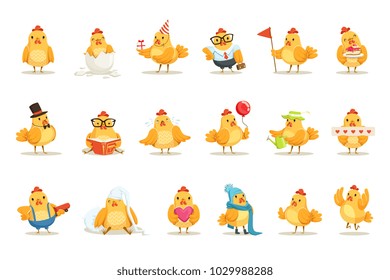 Little Yellow Chicken Chick Different Emotions And Situations Set Of Cute Emoji Illustrations