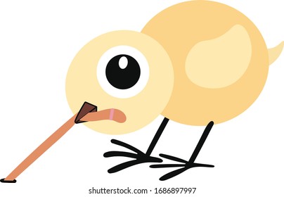 El pequeño pollo amarillo come una lombriz. Dibujo vectorial simple para niños. Aislado en blanco. Un pájaro amarillo. Graciosa chica de Pascua para imprimir.