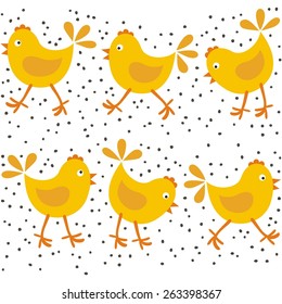 little yellow chickens with brown dots Easter spring holidays themed horizontal seamless pattern isolated on white background