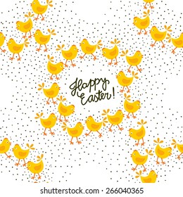 little yellow chickens Easter spring holidays themed decorative wreath seamless pattern with wishes in English isolated on white background
