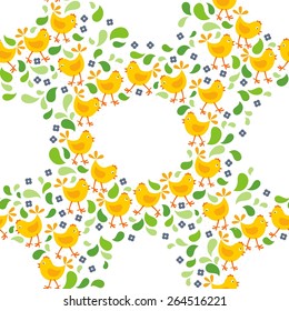 little yellow chickens with green leaves and blue flowers Easter spring holidays themed decorative wreath seamless pattern isolated on white background