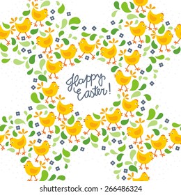 little yellow chickens with green leaves and blue flowers Easter spring holidays themed decorative wreath seamless pattern with wishes in English isolated on white background