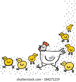 little yellow chickens with mum white hen spring holiday Easter illustration on white dotted background with blank place for your text